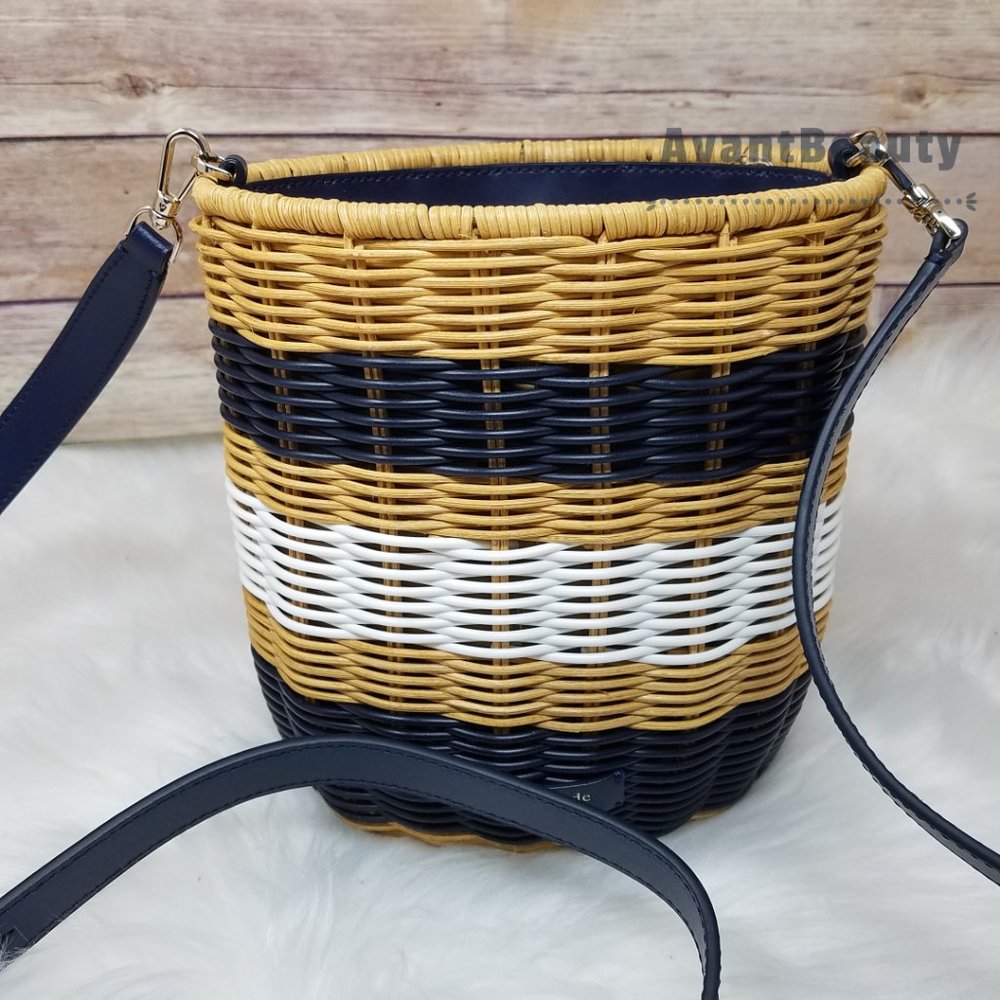 Kate Spade Medium Bucket Bag Buoy Wicker Blue Mult - Picture 13 of 16